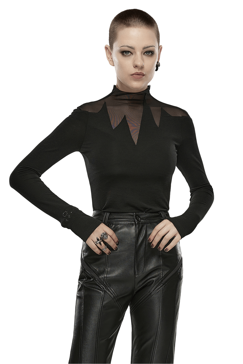 Sleek Mesh Long Sleeves Top with Stand Collar