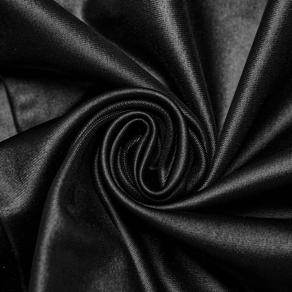 Close-up of sleek black rubberized fabric, showcasing its smooth texture and shine, ideal for edgy punk dresses.
