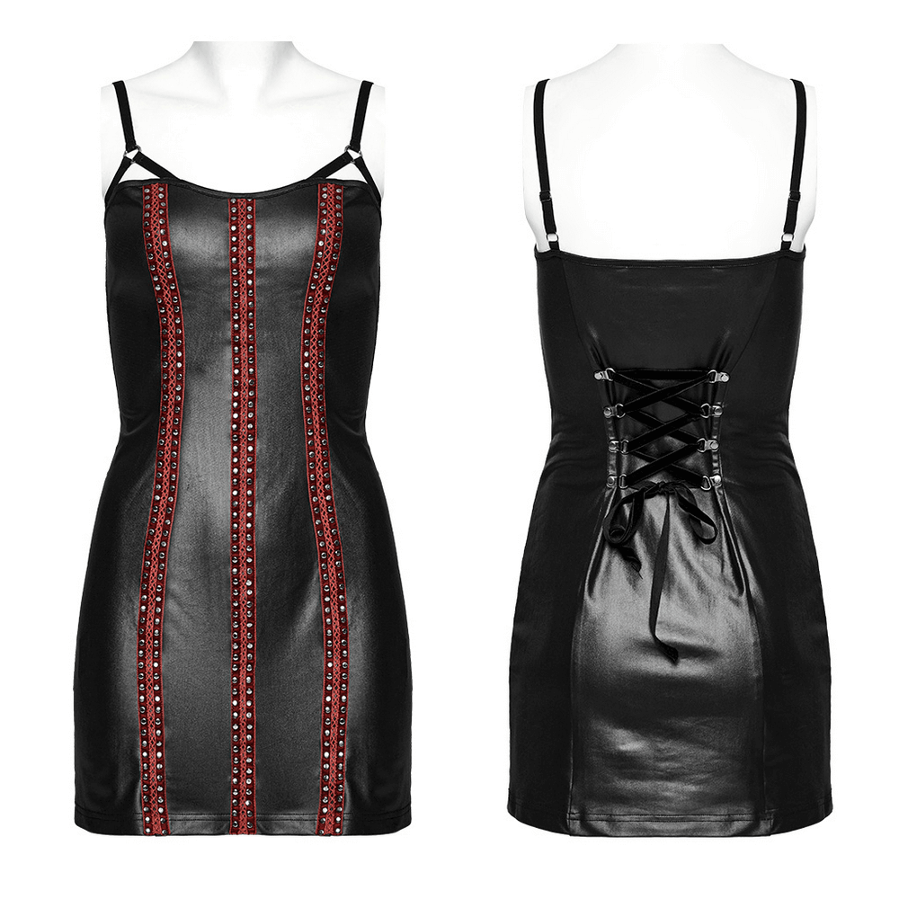 Sleek black punk dress with rivet webbing and adjustable straps showcasing edgy slim fit style.