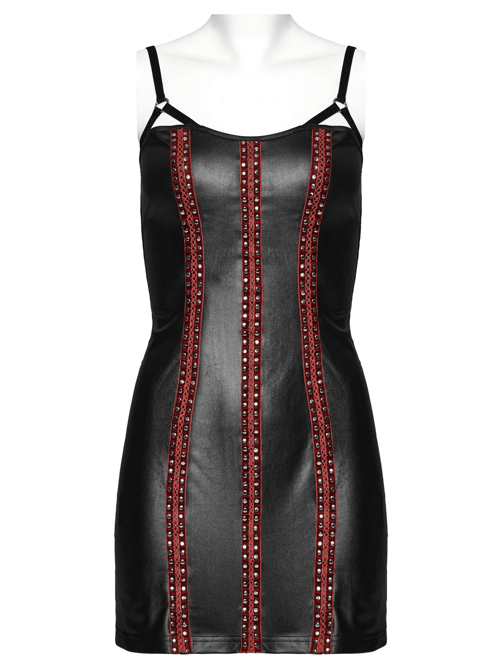 Sleek black rivet webbing dress with adjustable straps and edgy details, perfect for a punk-inspired look.