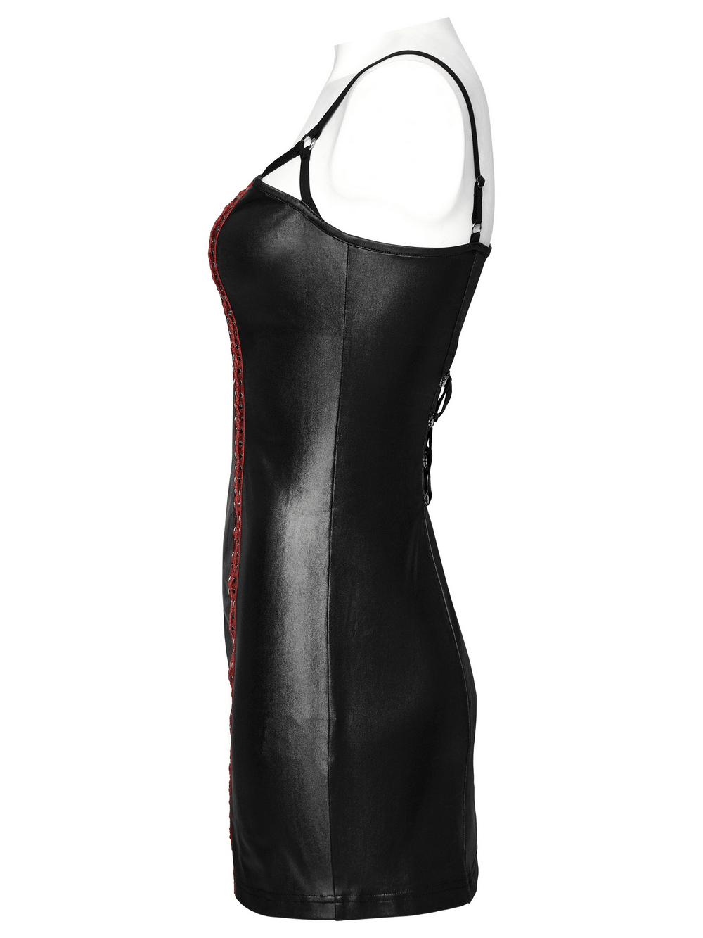 Sleek rivet webbing punk dress with adjustable straps, made of rubberized knitted fabric, showcasing an edgy slim fit.