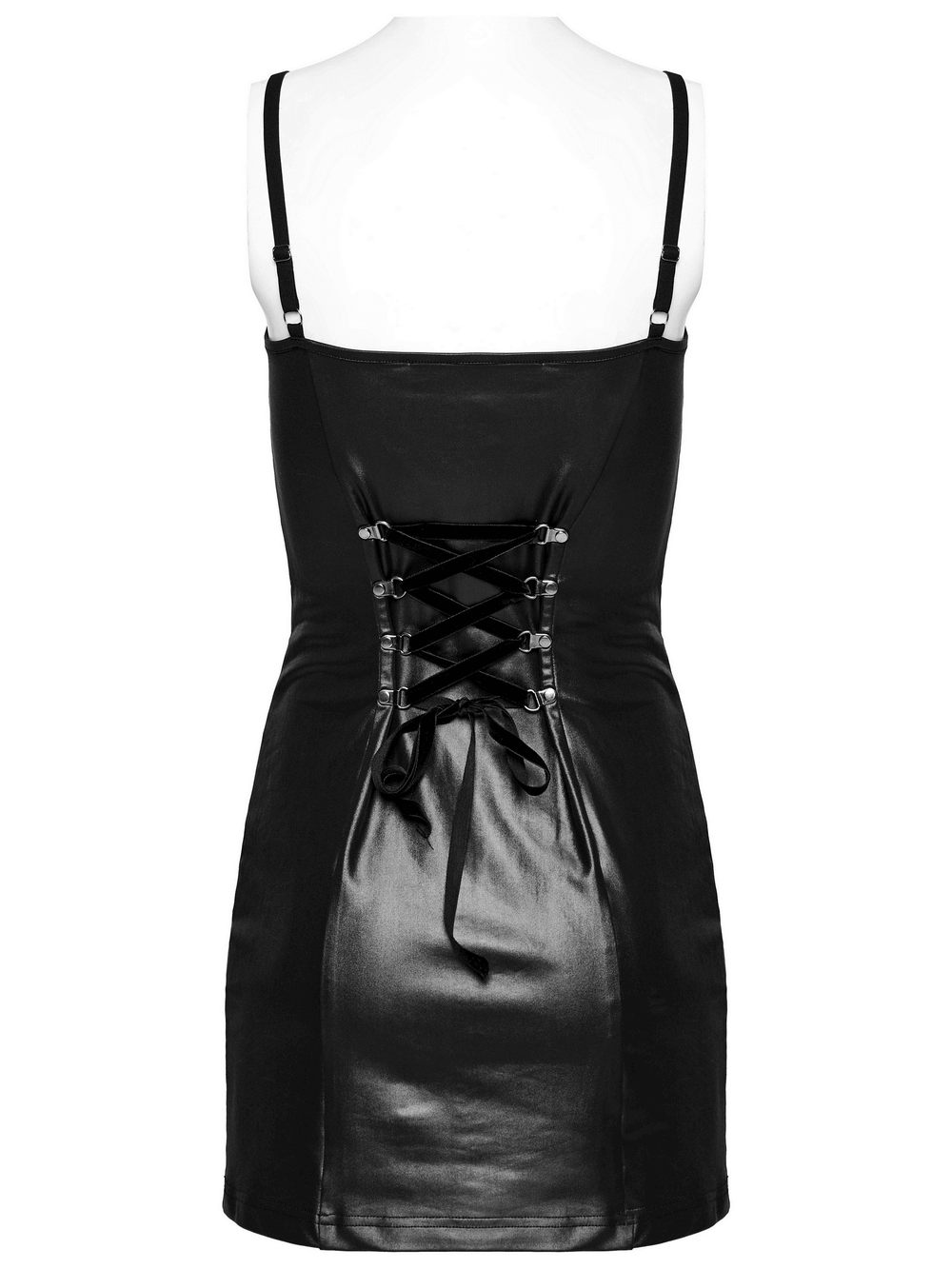 Back view of a sleek black punk dress featuring adjustable straps and edgy lace-up detailing.