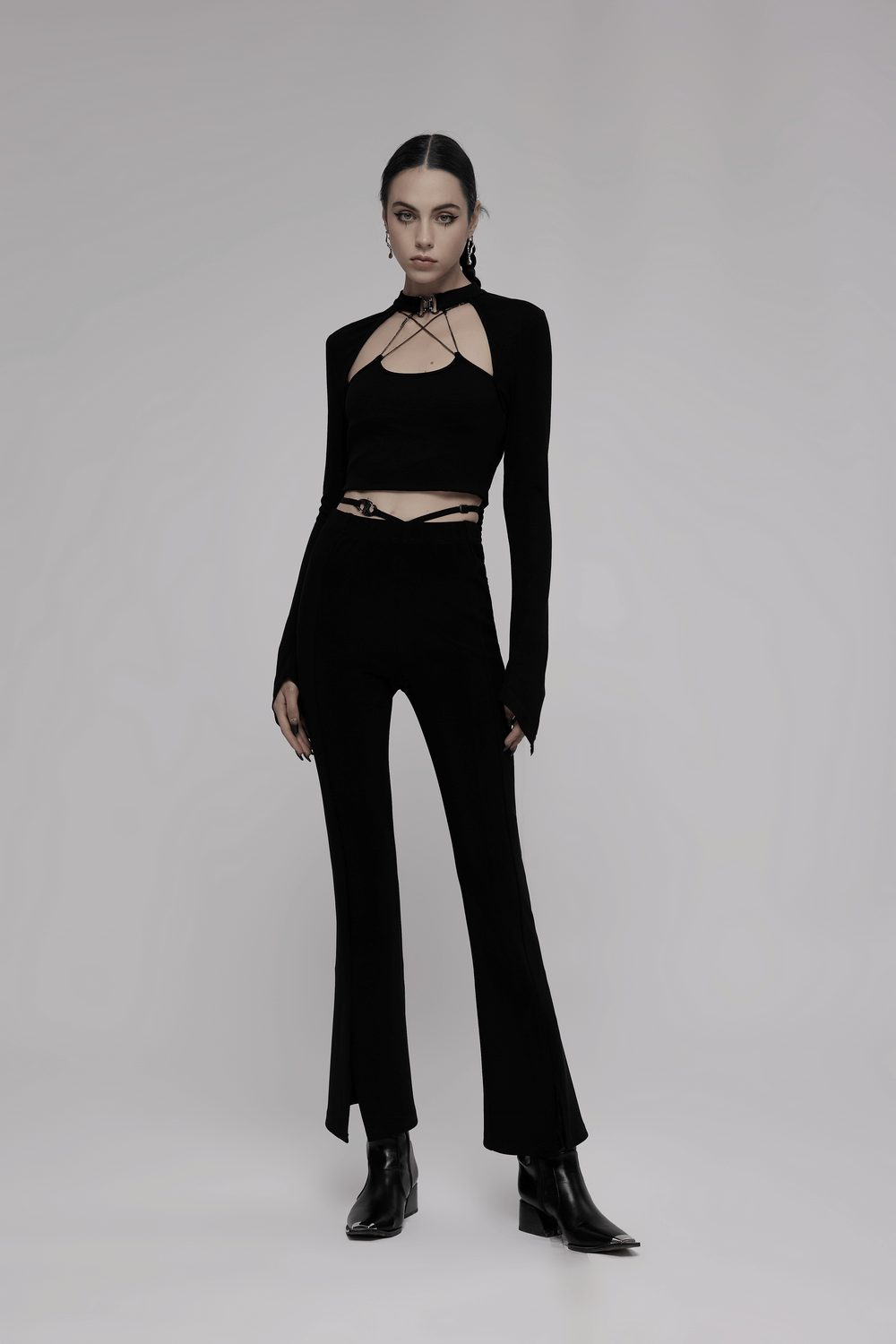 Sleek V-Strap Flared Pants with Buckle Detail - HARD'N'HEAVY