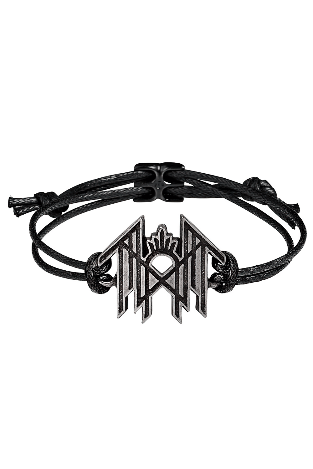 Sleep Token black cord wrist bracelet with antiqued pewter logo, minimalist design and adjustable strap.