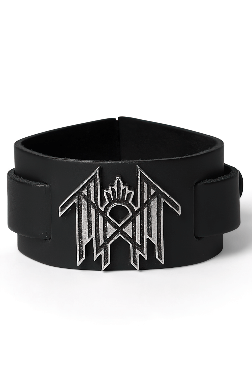 Sleep Token black leather bracelet with pewter logo emblem, handcrafted and adjustable for fans of the band.