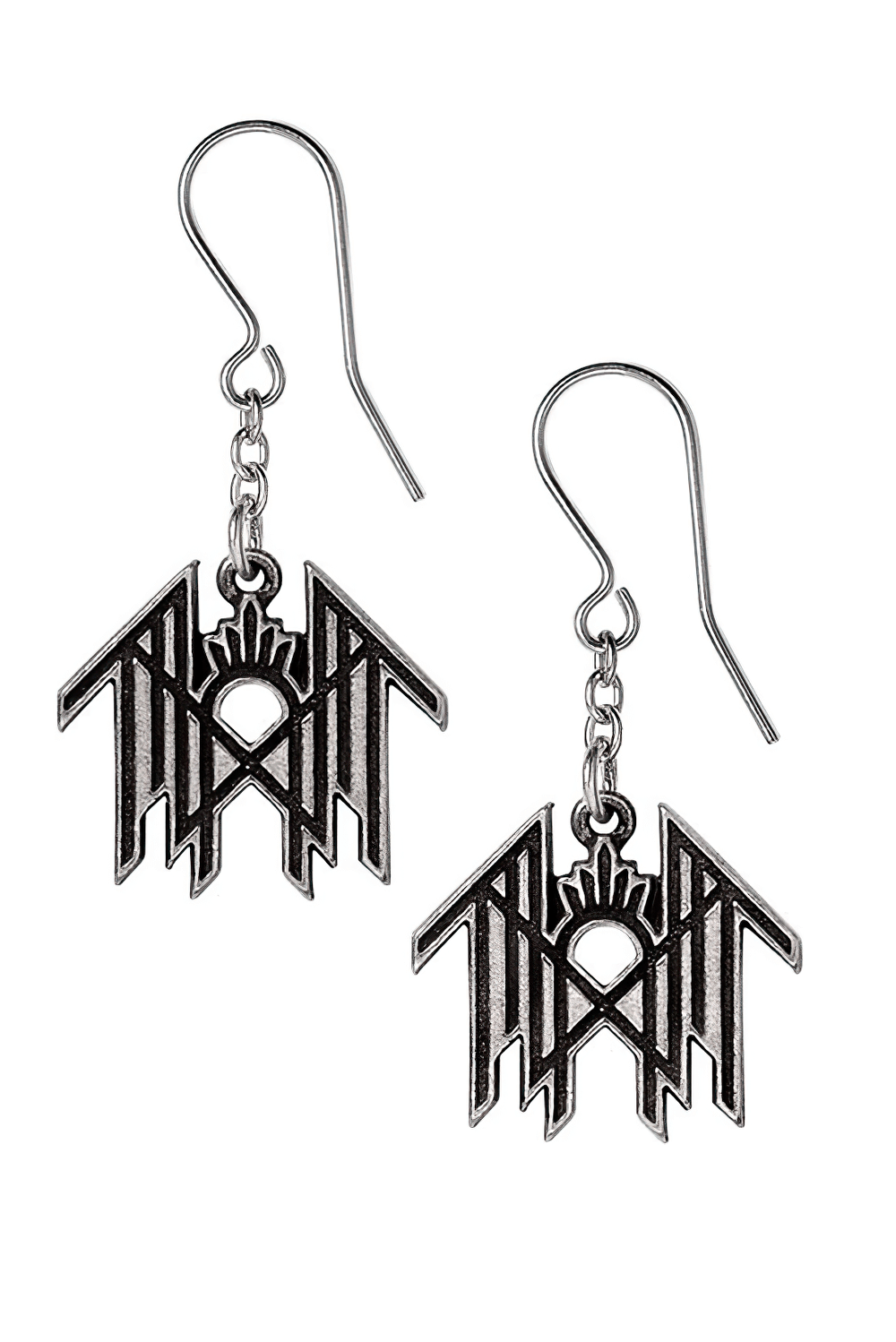 Sleep Token Symbol Logo Pewter Dropper Earrings with fine chain, capturing ritualistic alt-metal aesthetic.