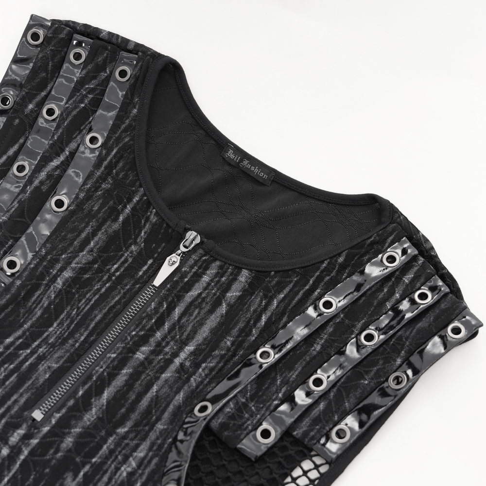 Close-up of a sleeveless gothic top featuring zipper front, mesh sides, and metal eyelet details in black.