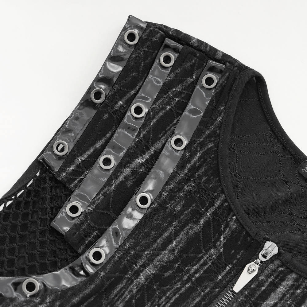 Close-up of black sleeveless gothic top with mesh sides, zipper, and metal eyelet details, showcasing punk style.