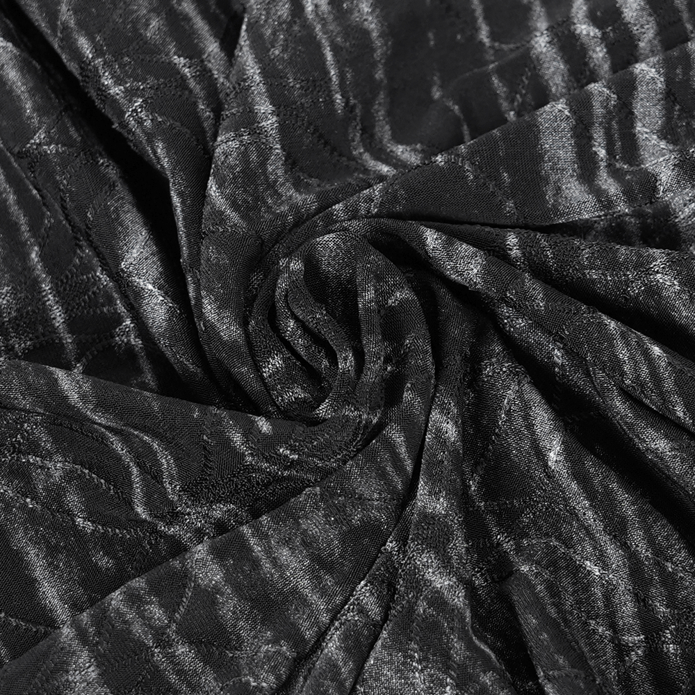 Close-up of black fabric with gray distressed stripes, perfect for gothic or punk fashion styles.