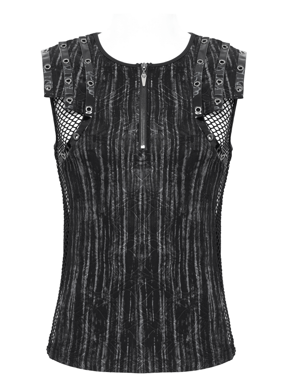 Black sleeveless gothic top with mesh sides and buckle straps, featuring a front zipper and distressed stripes.
