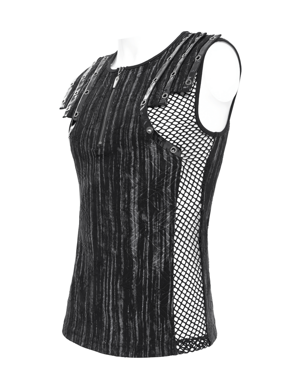 Black sleeveless gothic top with mesh sides, buckle straps, and zipper front, perfect for punk and grunge styling.