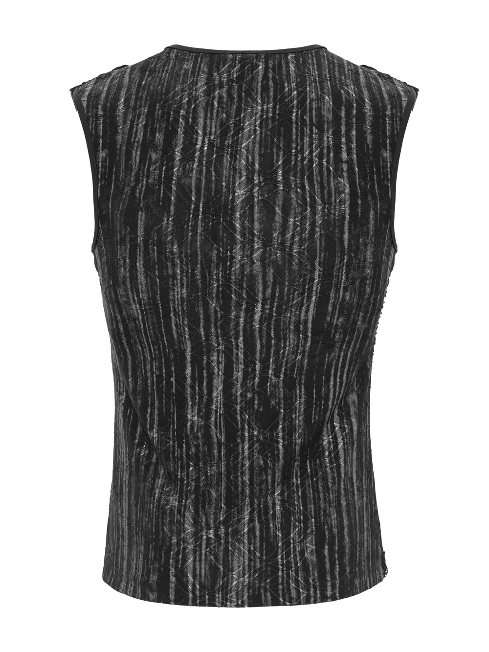 Back view of a black sleeveless gothic top with distressed stripes and a fitted silhouette.