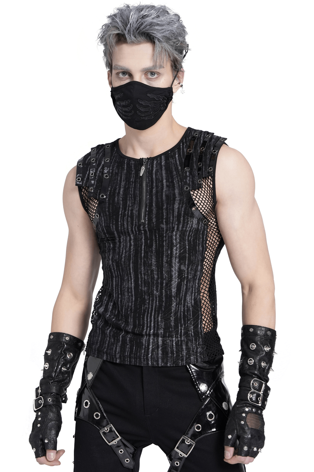Stylish model in a sleeveless black gothic top with mesh sides, zipper front, and buckle straps, perfect for punk fashion.