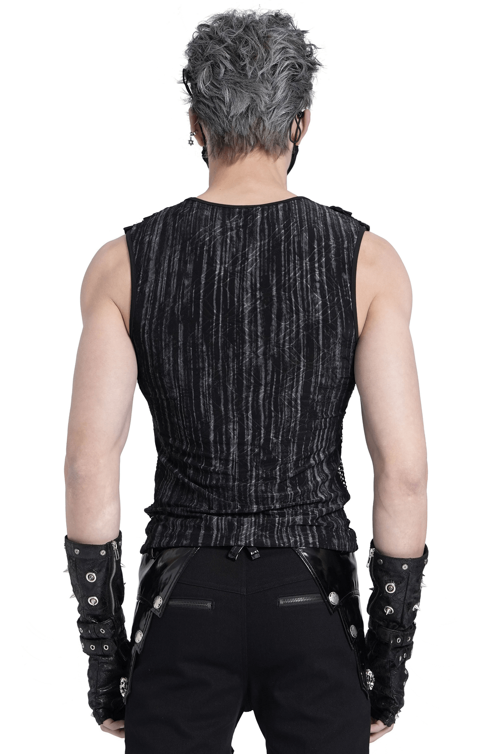 Back view of a sleeveless gothic top with distressed stripes and metal eyelet details.