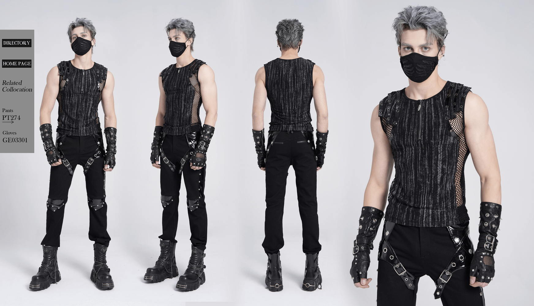 Model showcasing sleeveless gothic top with mesh, buckle straps, and grunge-inspired style in a punk aesthetic.