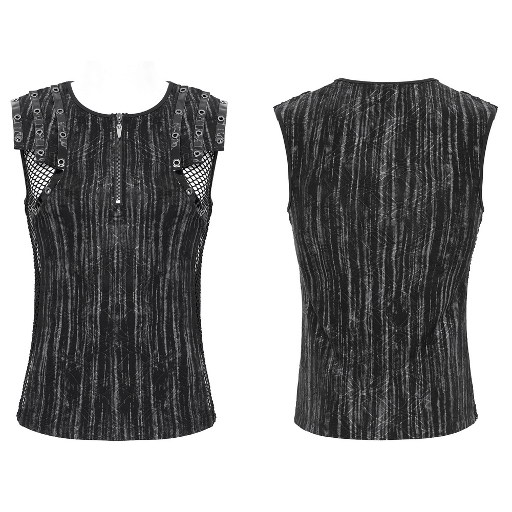 Black sleeveless gothic top with mesh sides and buckle straps, featuring a front zipper and distressed stripes.