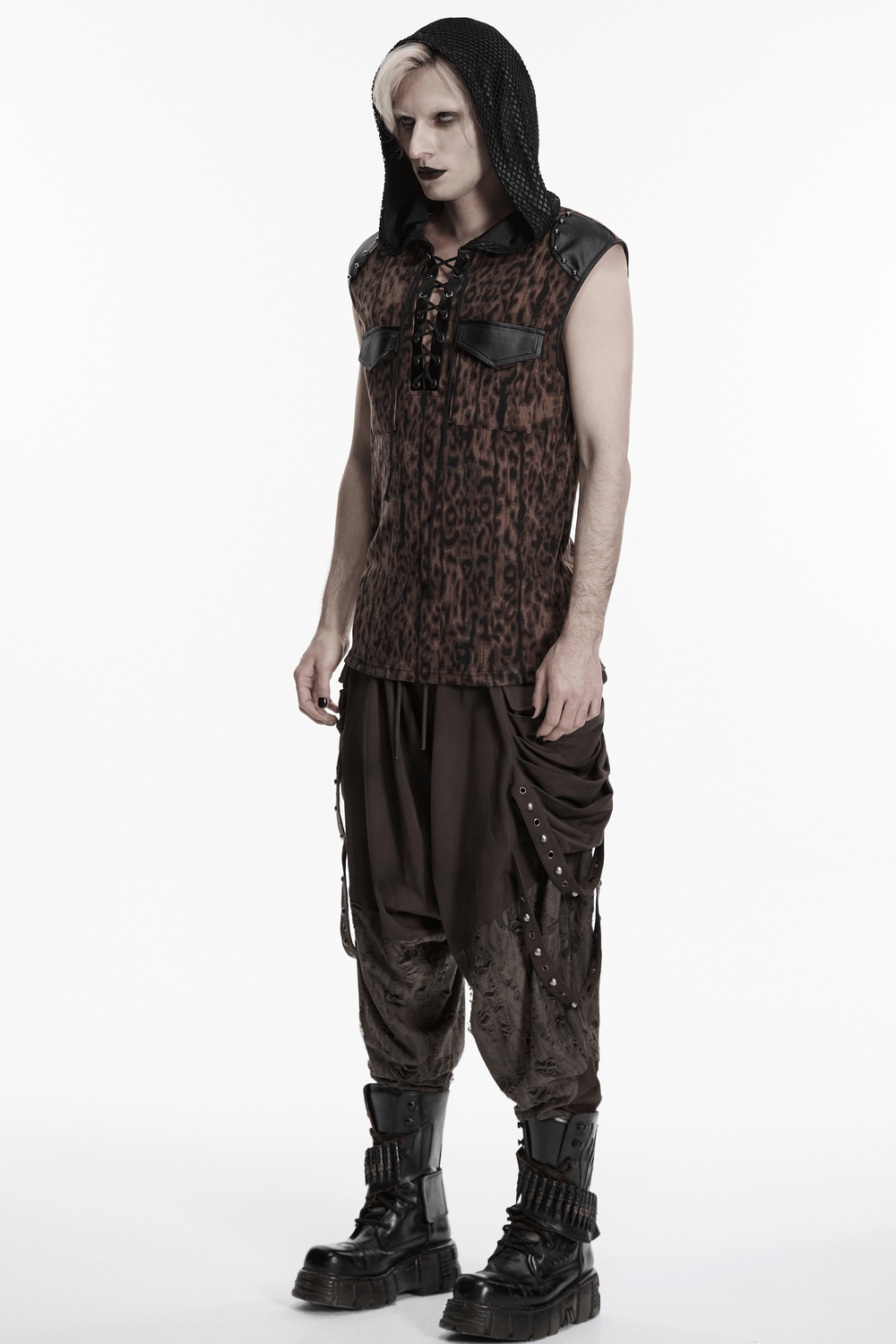 Sleeveless Leopard Hooded Punk Mesh Lace-Up Top