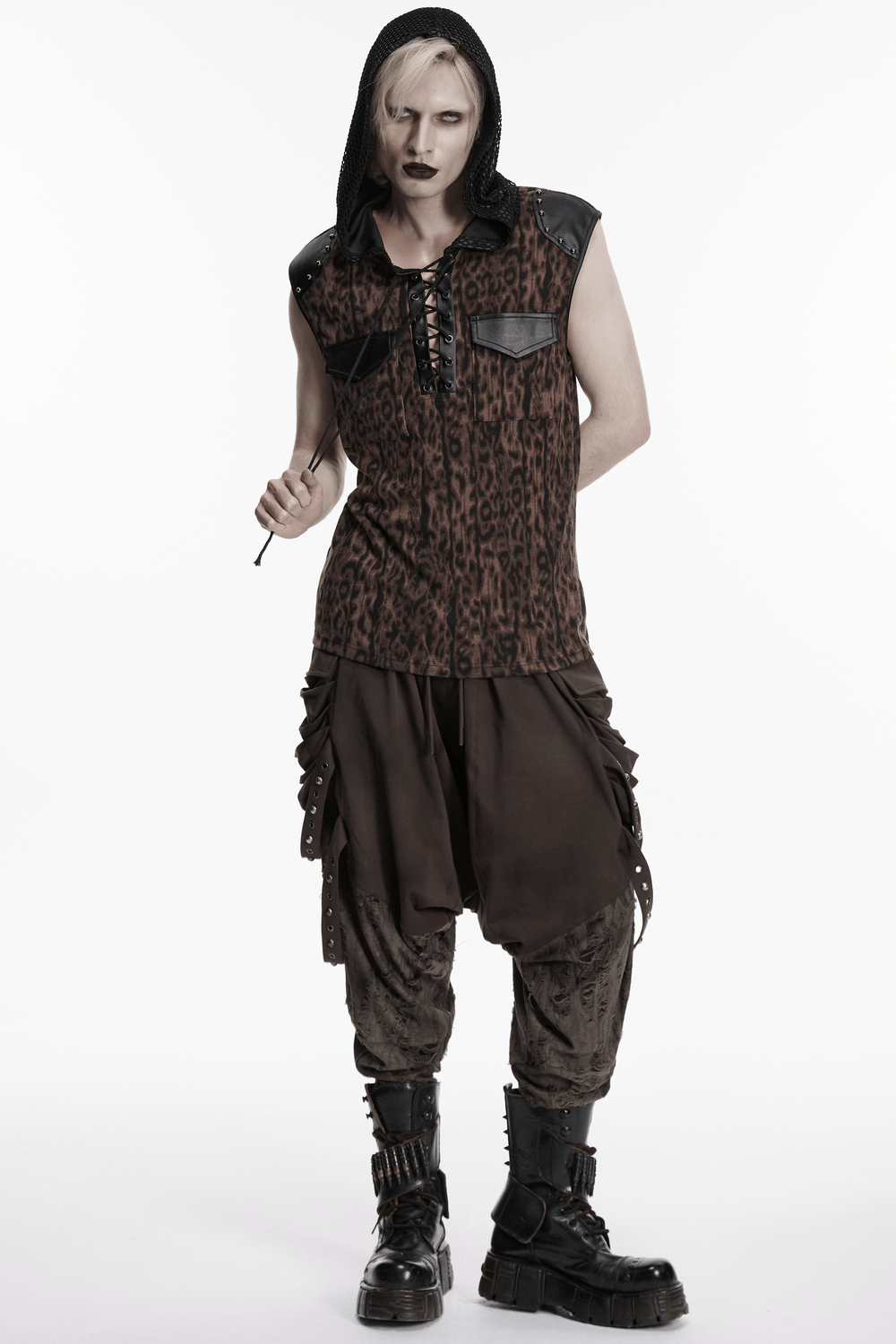 Sleeveless Leopard Hooded Punk Mesh Lace-Up Top