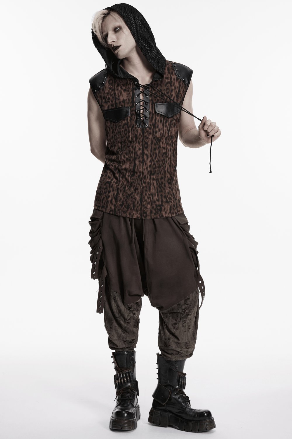 Sleeveless Leopard Hooded Punk Mesh Lace-Up Top