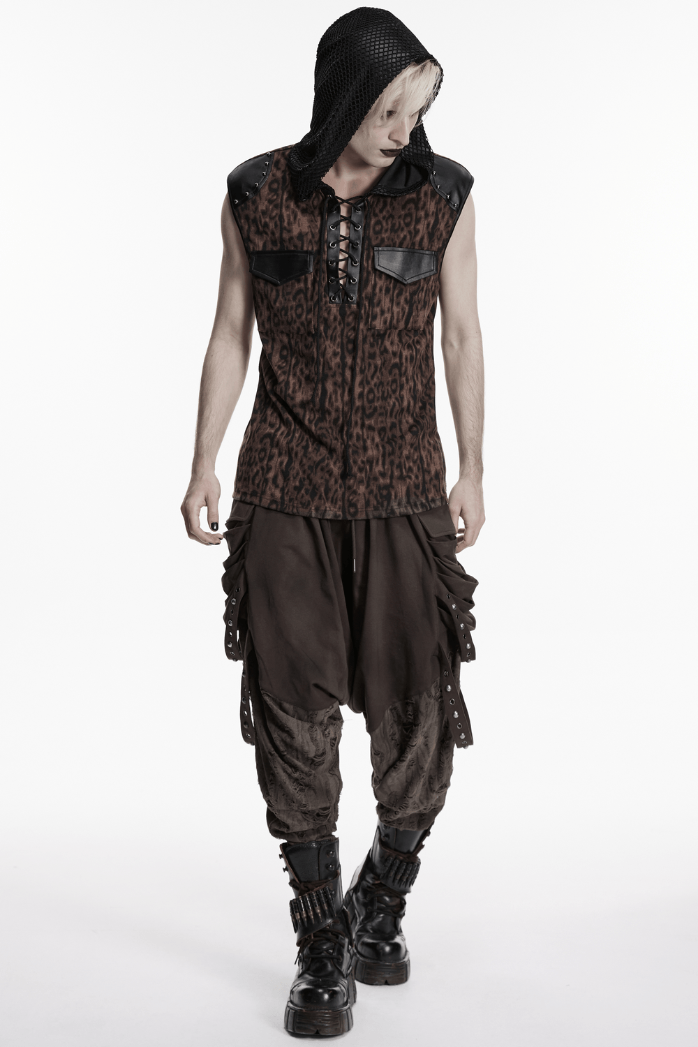 Sleeveless Leopard Hooded Punk Mesh Lace-Up Top