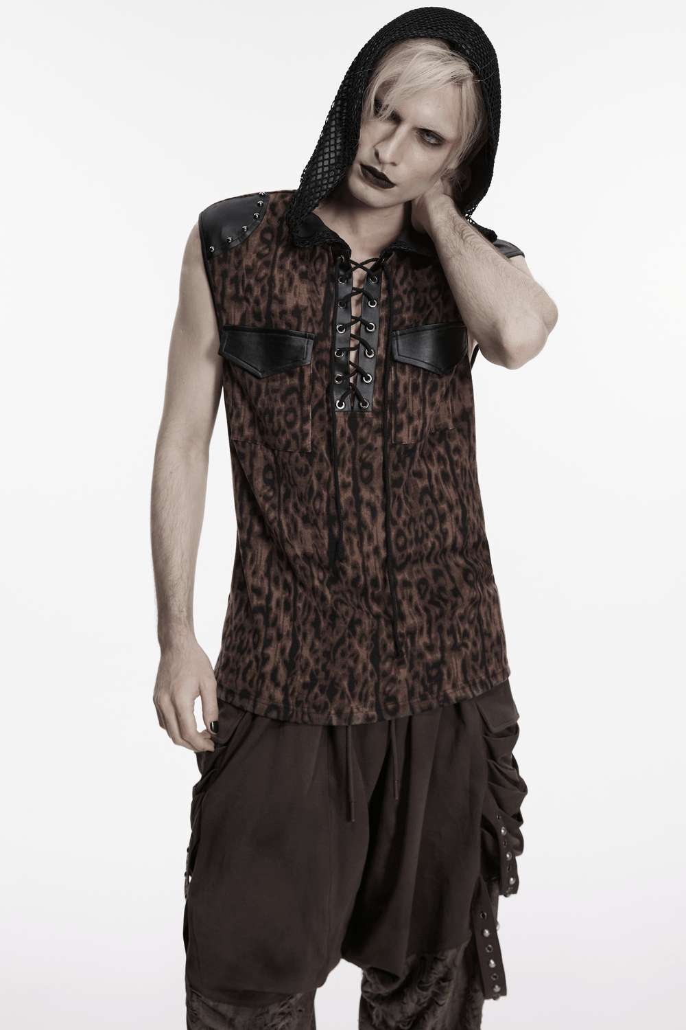 Sleeveless Leopard Hooded Punk Mesh Lace-Up Top