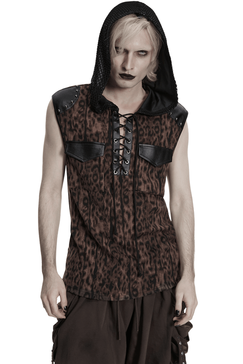 Sleeveless Leopard Hooded Punk Mesh Lace-Up Top