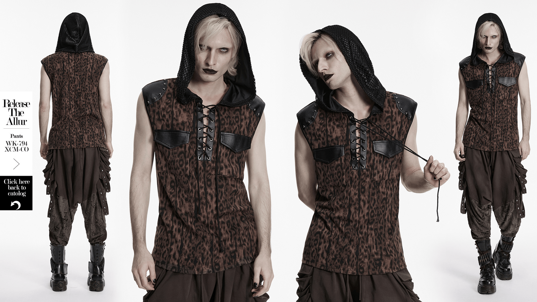 Sleeveless Leopard Hooded Punk Mesh Lace-Up Top