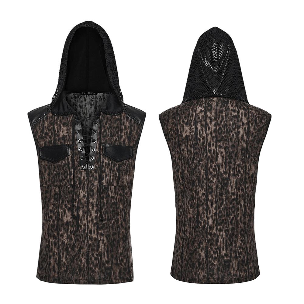 Sleeveless Leopard Hooded Punk Mesh Lace-Up Top