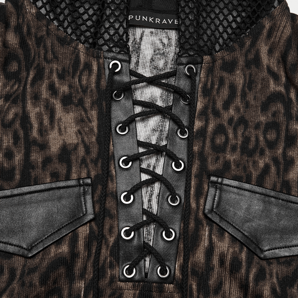 Sleeveless Leopard Hooded Punk Mesh Lace-Up Top