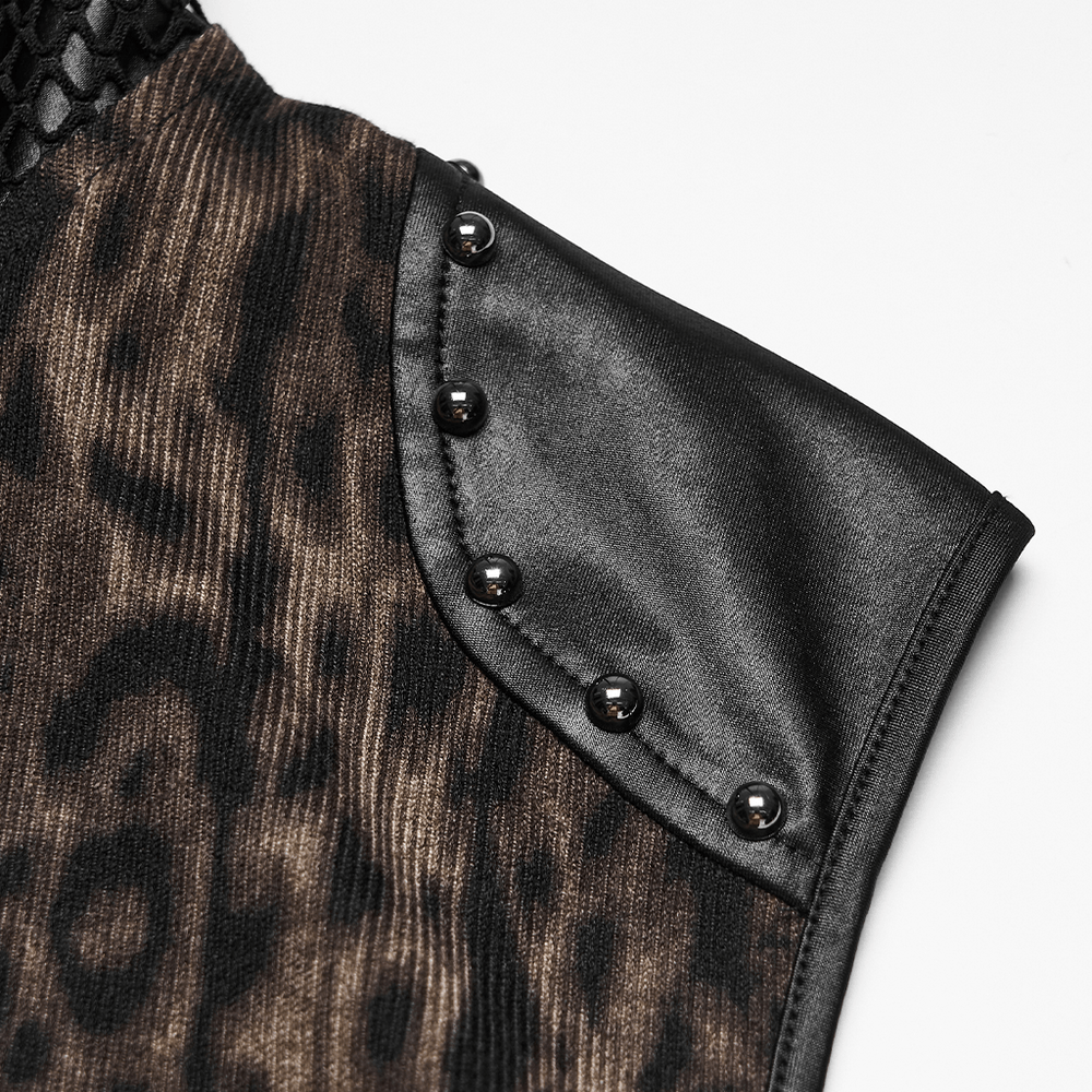 Sleeveless Leopard Hooded Punk Mesh Lace-Up Top