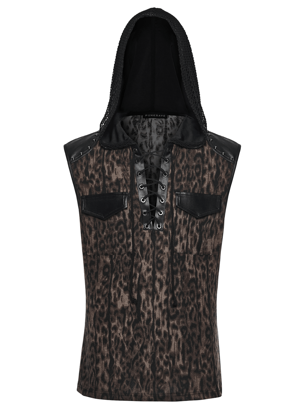 Sleeveless Leopard Hooded Punk Mesh Lace-Up Top
