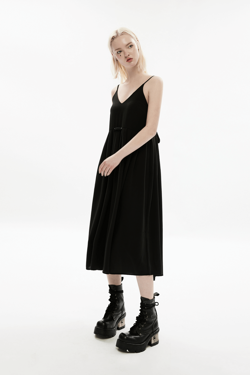 Sleeveless Midi Dress with V-Neck and A-Line Skirt
