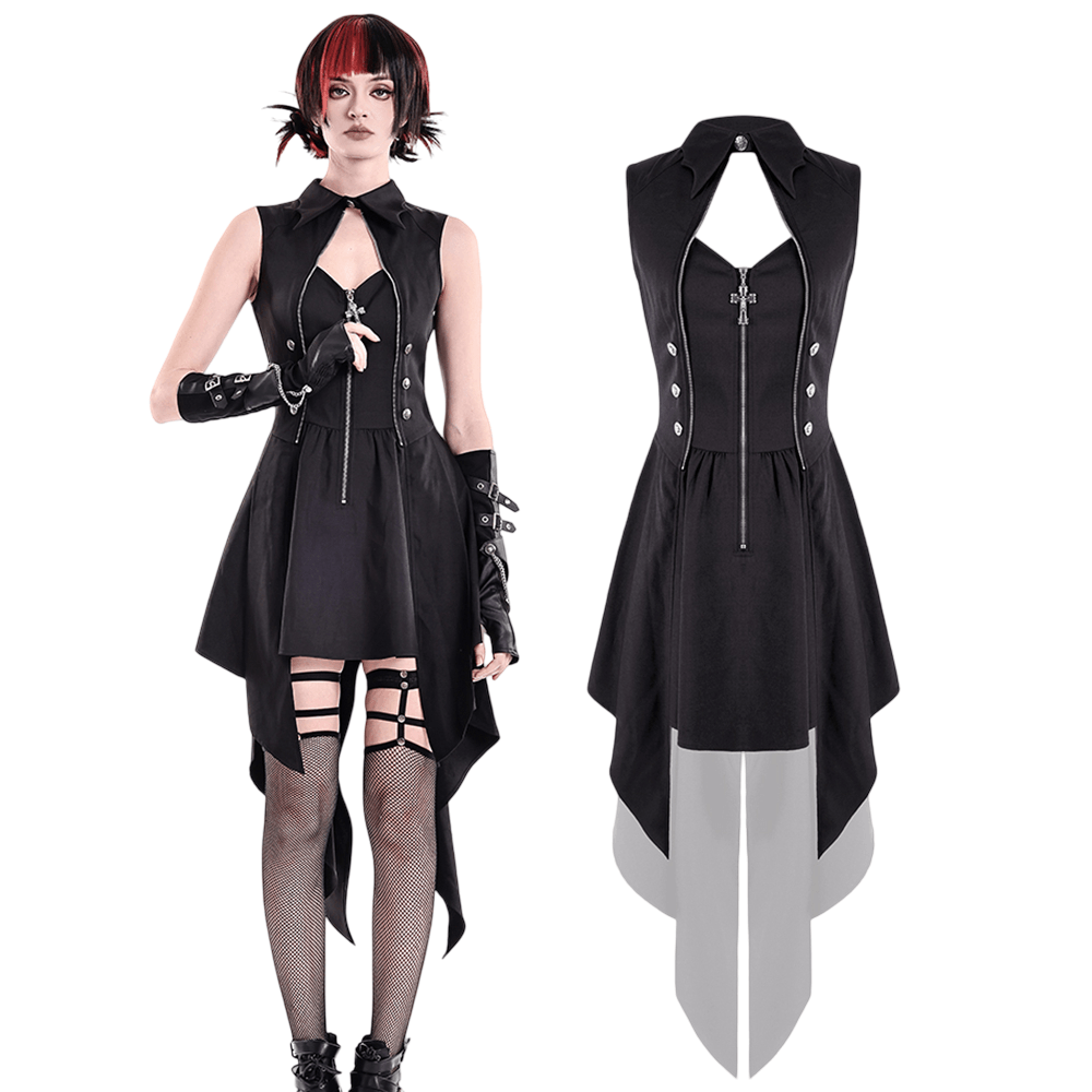 Sleeveless Mini Dress with Zip Front and Asymmetric Tails black dress, high collar and keyhole neckline
