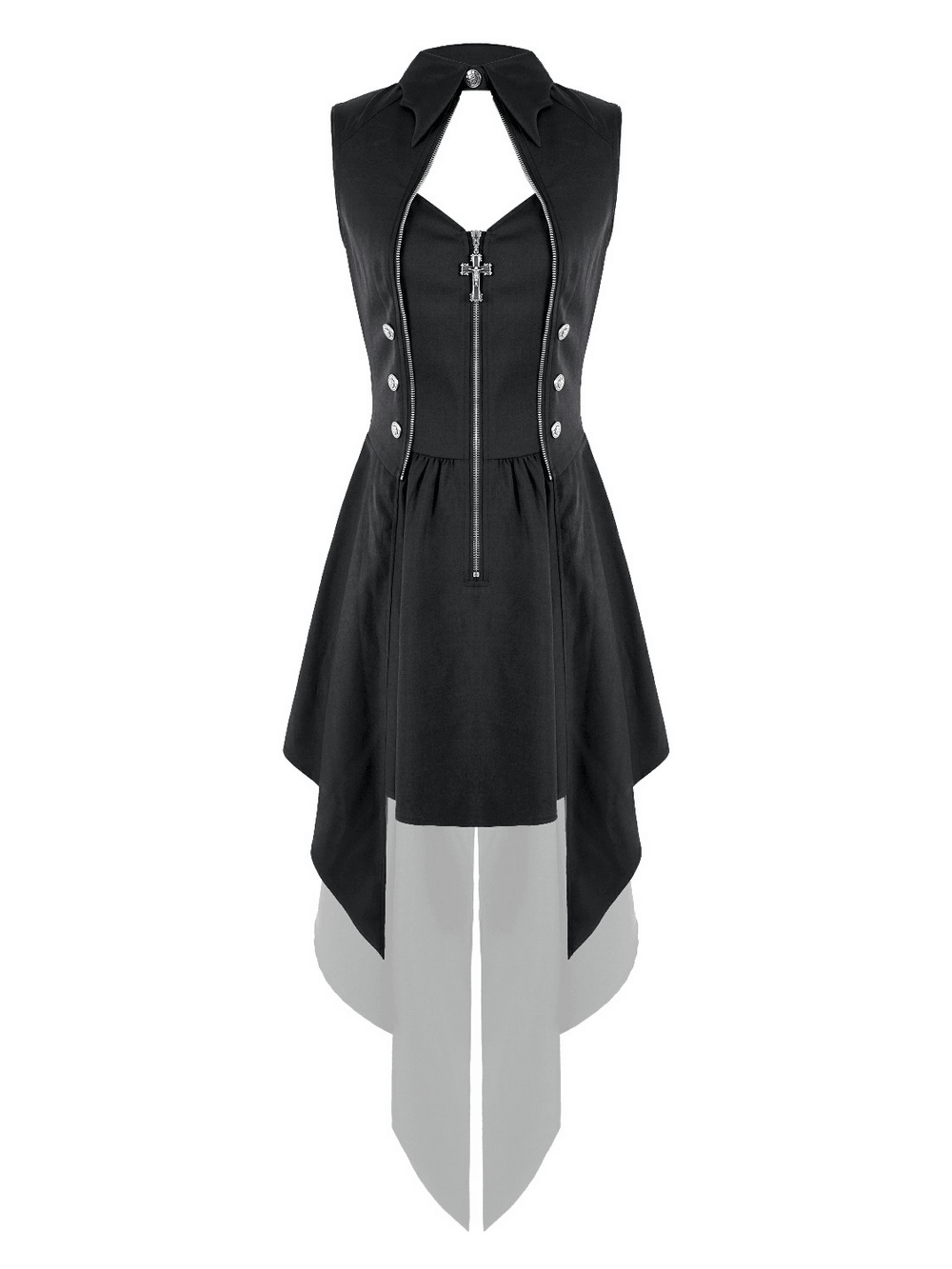 Sleeveless Mini Dress with Zip Front and Asymmetric Tails, black high-collar mini dress with keyhole neckline