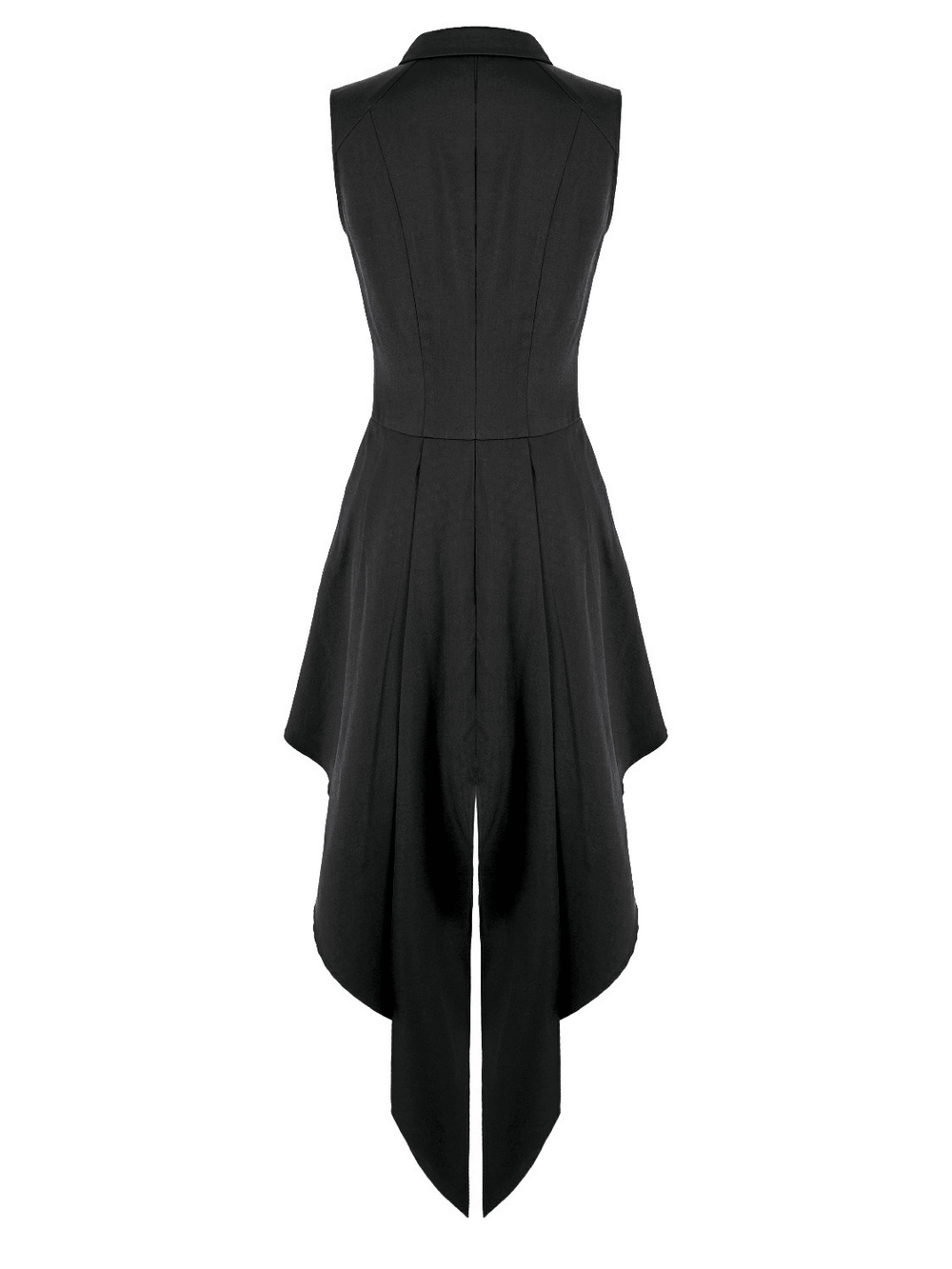 Sleeveless Mini Dress with Zip Front and Asymmetric Tails, black high-collar mini dress with dramatic pointed hem