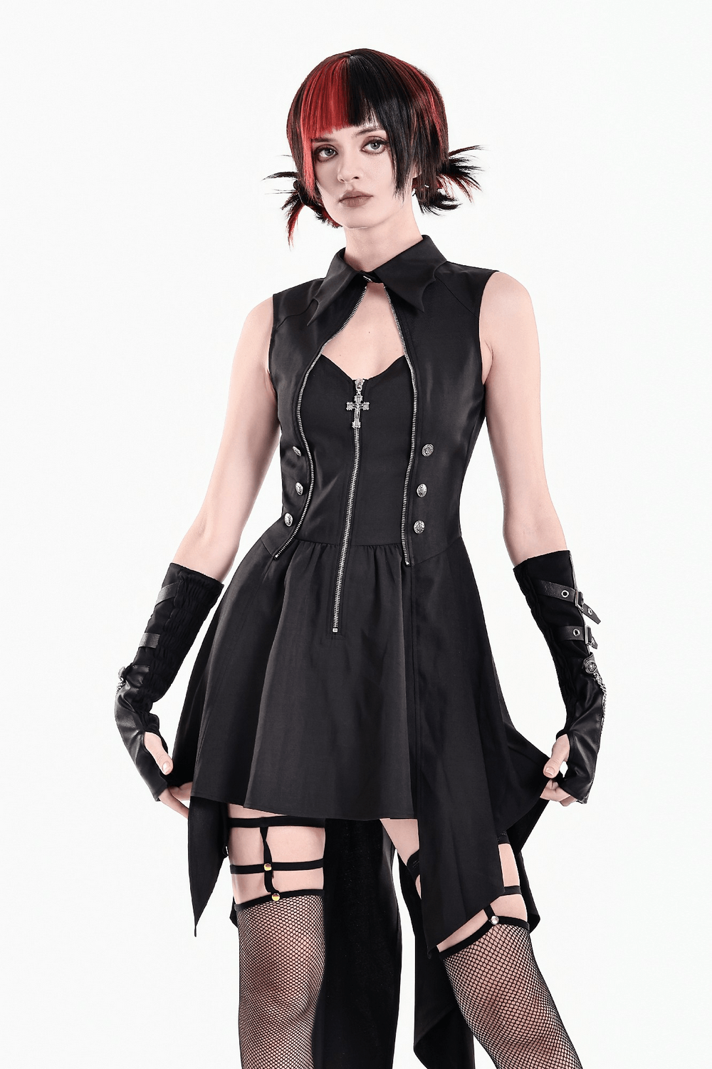 Sleeveless Mini Dress with Zip Front and Asymmetric Tails, black gothic style with high collar and keyhole neckline