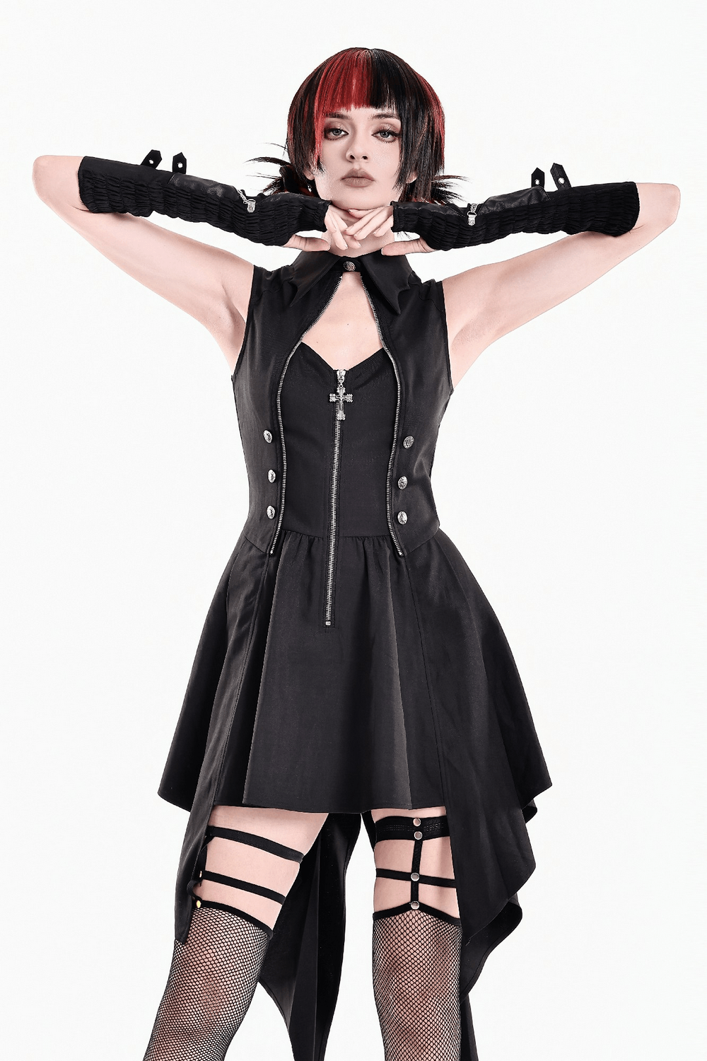 Sleeveless Mini Dress with Zip Front and Asymmetric Tails gothic black mini dress with high collar and cross pendant