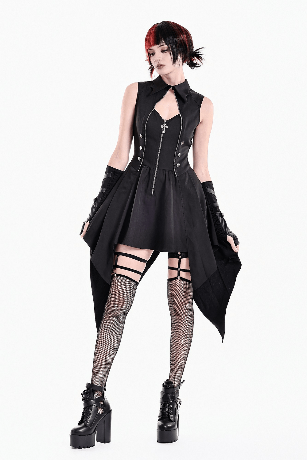 Sleeveless Mini Dress with Zip Front and Asymmetric Tails black gothic look with high collar and keyhole neckline
