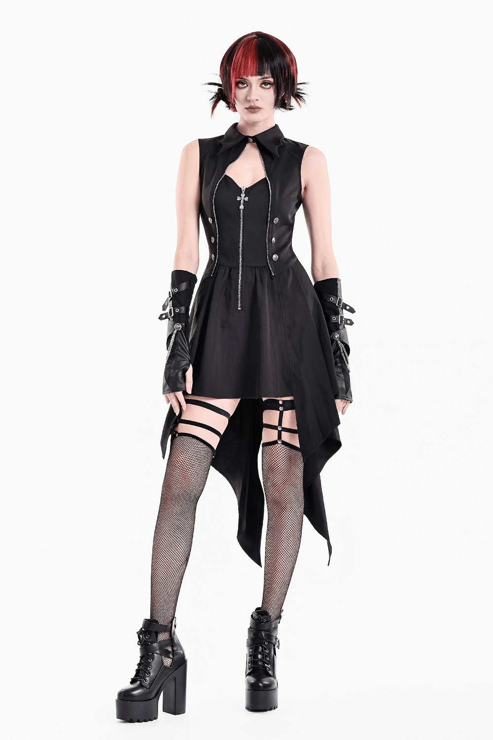 Sleeveless Mini Dress with Zip Front and Asymmetric Tails, black gothic look with keyhole neckline