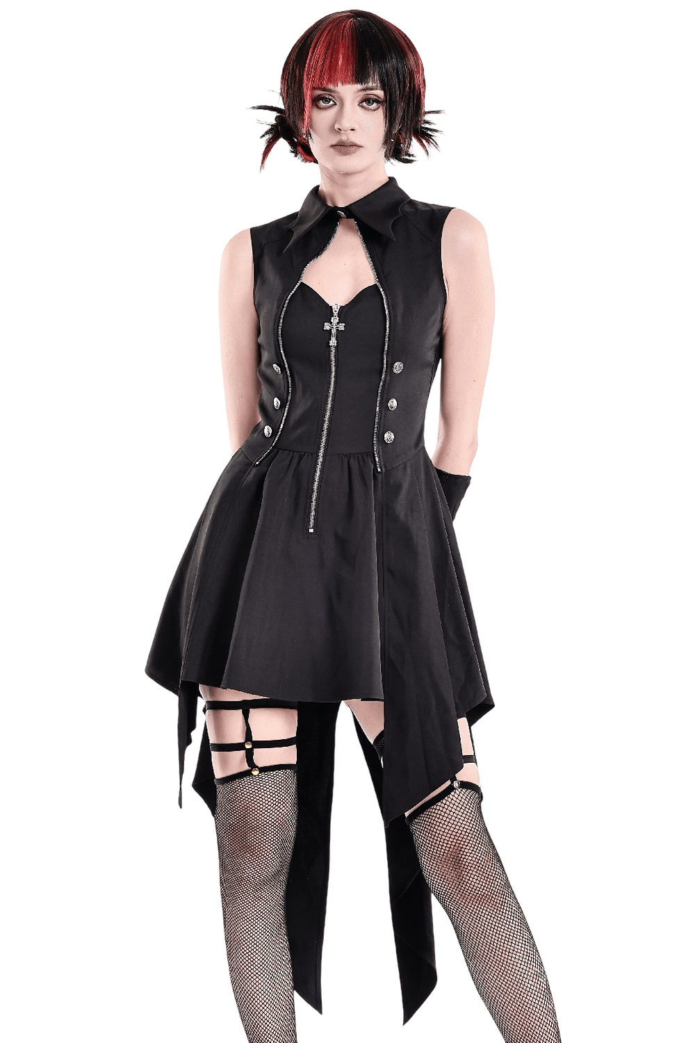 Sleeveless Mini Dress with Zip Front and Asymmetric Tails, black gothic look with high collar and zipper