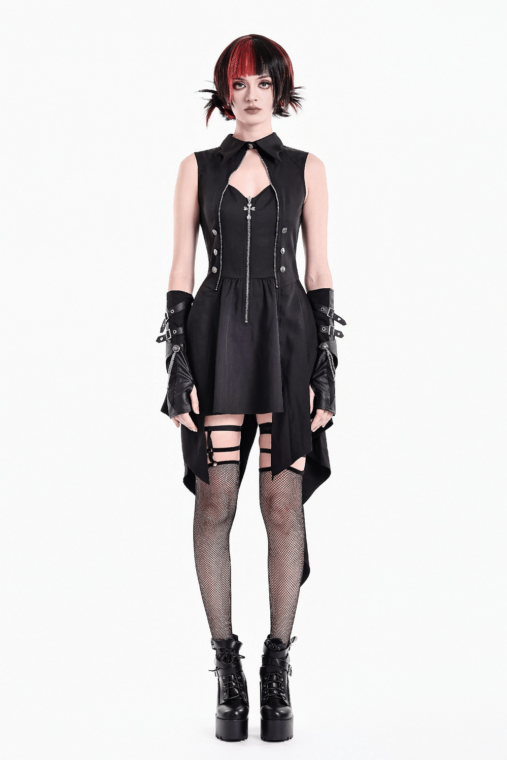 Sleeveless Mini Dress with Zip Front and Asymmetric Tails, gothic black mini dress with high collar