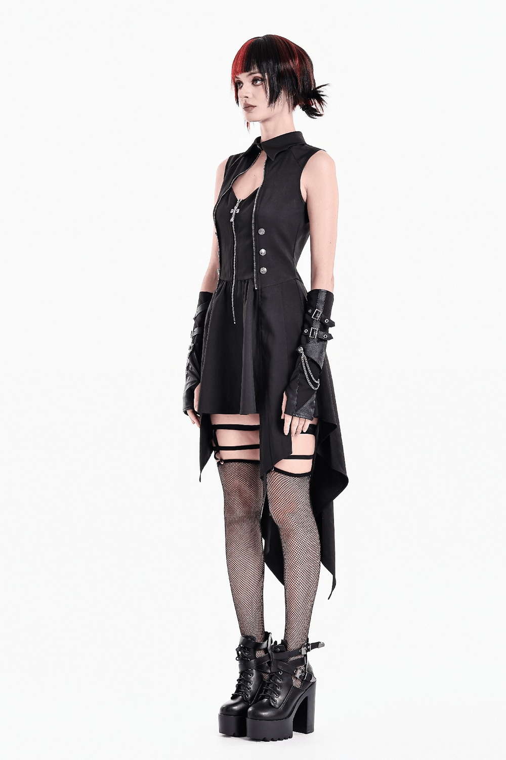 Sleeveless Mini Dress with Zip Front and Asymmetric Tails, black high-collar gothic style dress with keyhole neckline