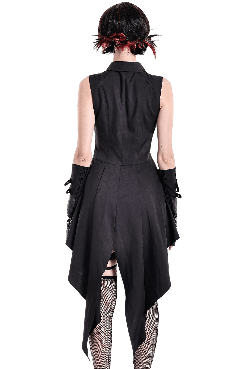 Sleeveless Mini Dress with Zip Front and Asymmetric Tails, black high-collar mini dress with dramatic long tails