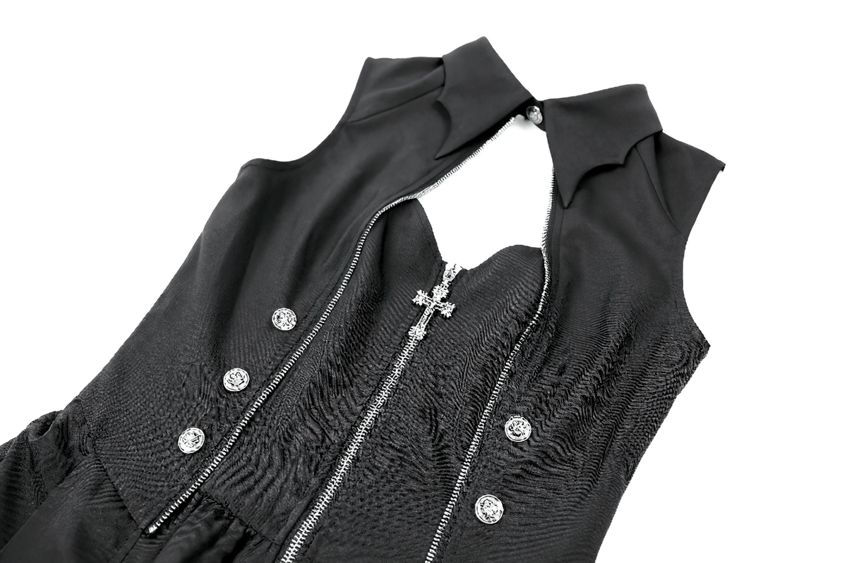 Sleeveless Mini Dress with Zip Front and Asymmetric Tails, high collar and cross pendant detail