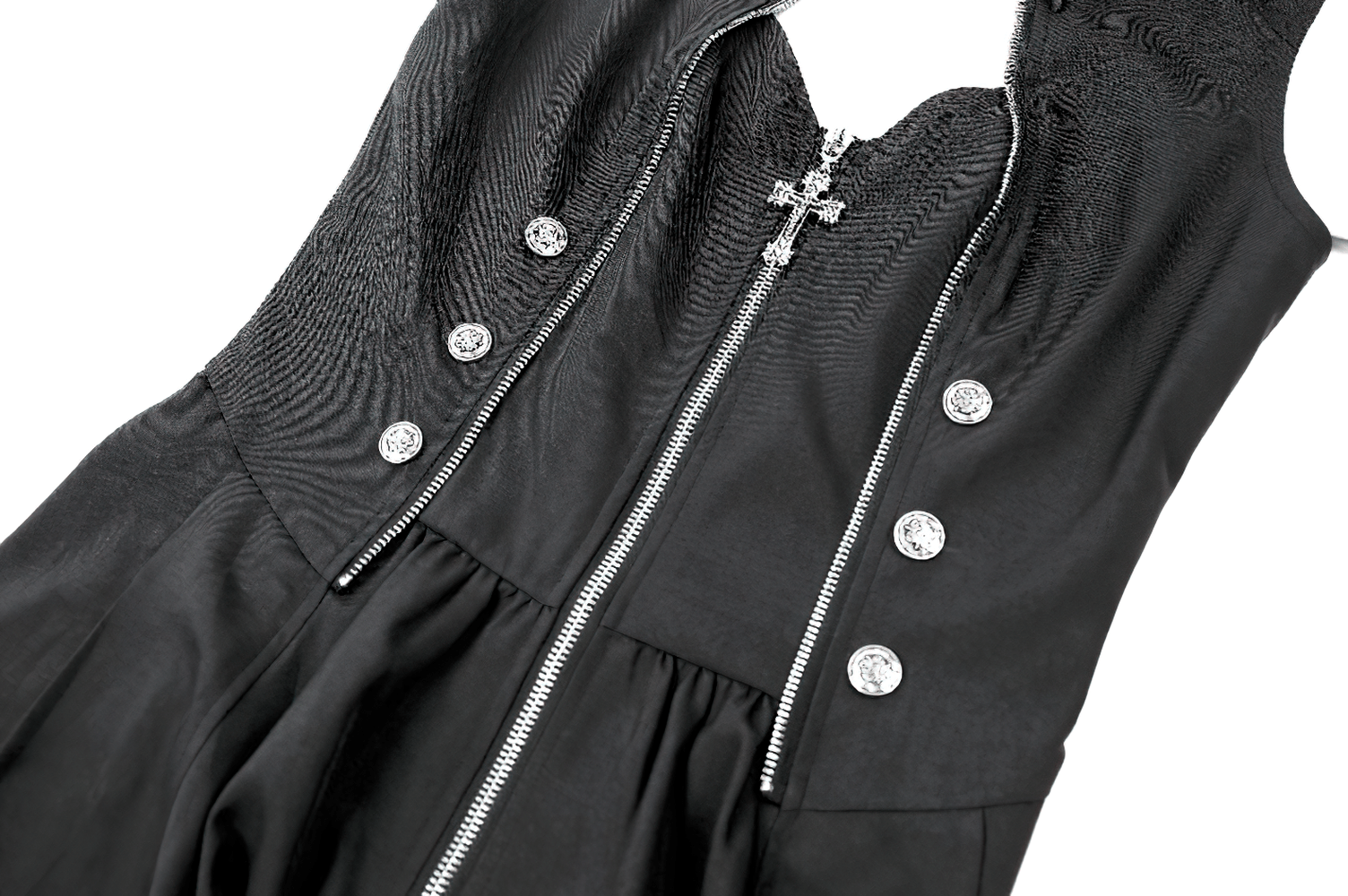 Sleeveless Mini Dress with Zip Front and Asymmetric Tails, black high-collar mini dress with silver buttons and keyhole neckline
