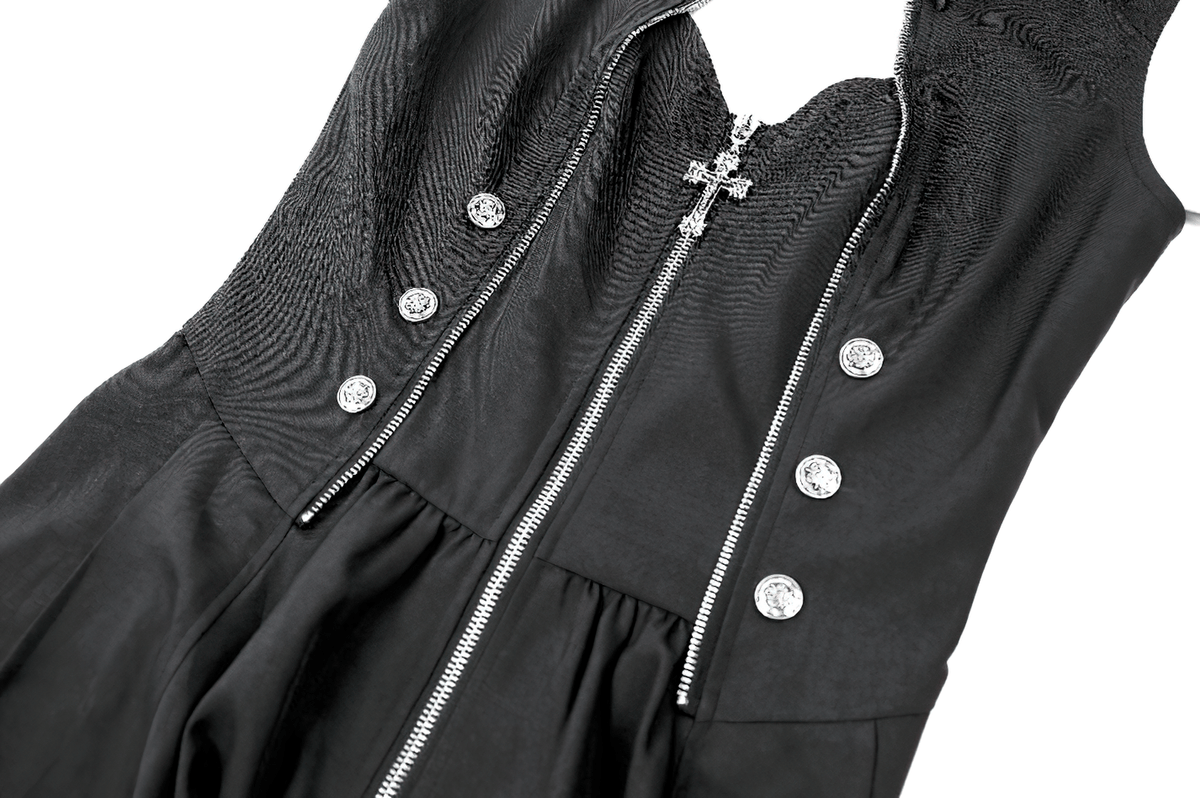 Sleeveless Mini Dress with Zip Front and Asymmetric Tails, black high-collar mini dress with silver buttons and keyhole neckline