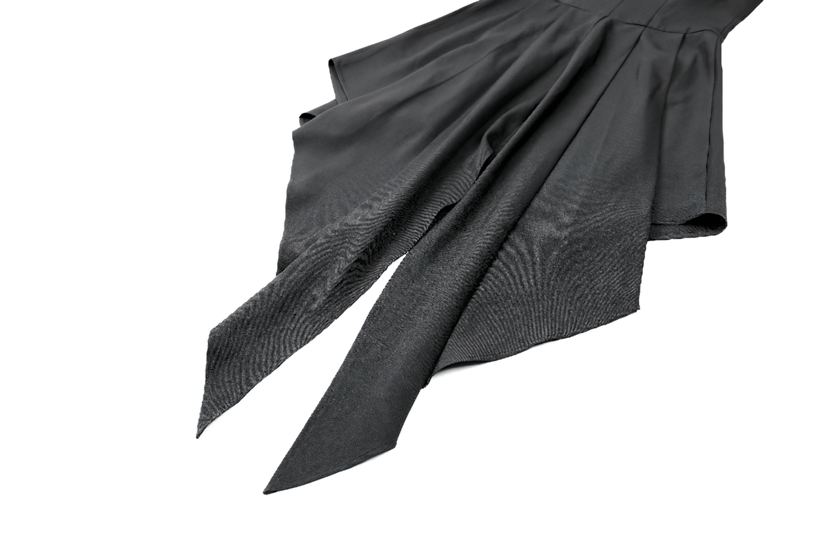 Sleeveless Mini Dress with Zip Front and Asymmetric Tails, black high-collar mini dress with dramatic pointed hem
