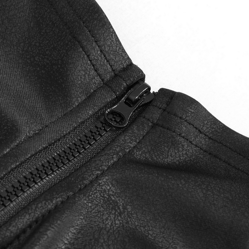 Close-up of the zipper detail on a black gothic women’s top, highlighting stylish and edgy design elements.