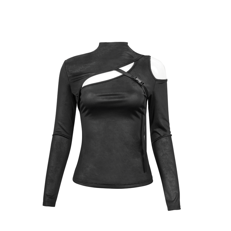 Gothic black long sleeve slim cutout top for women with buckle detailing and fitted style, perfect for alternative fashion.