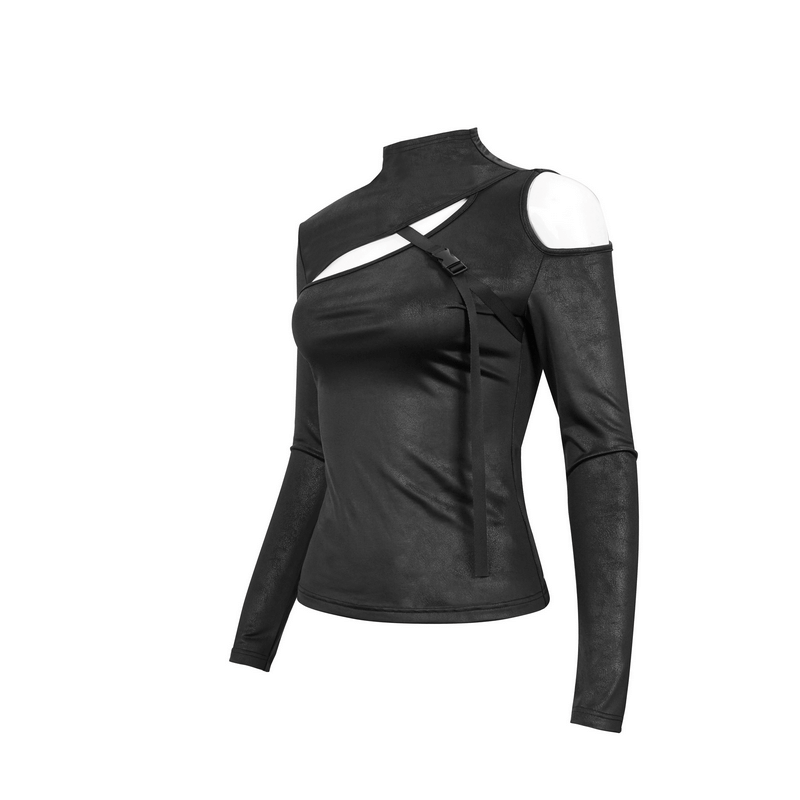 Stylish women's gothic black long sleeve top with cutouts and buckle accent, perfect for alternative fashion.